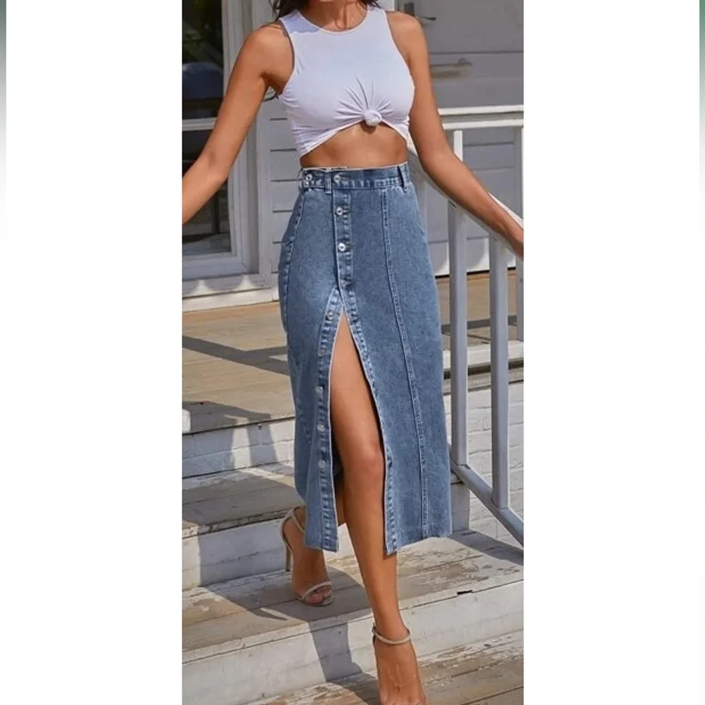 Women's Casual High Waisted Solid Button Up Blue Denim Jean Midi Skirt